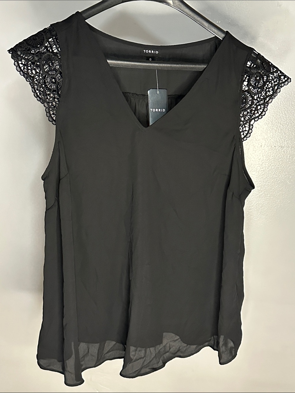 Torrid Black V-Neck Sleeveless Blouse with Lace Cap Sleeves